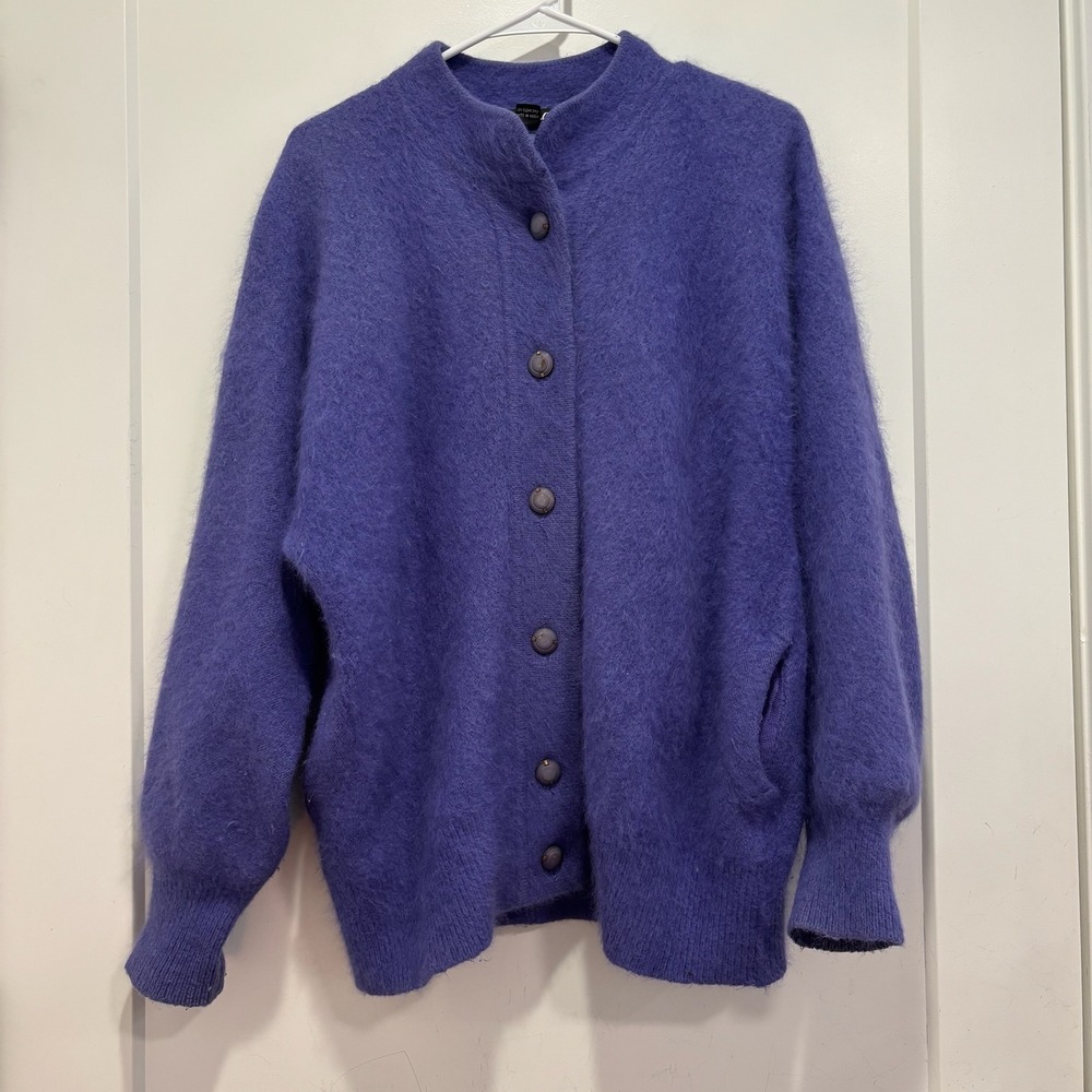 Connie A Lee Purple Angora Blend Fuzzy Knit Button Front Mock Neck Cardigan S/M